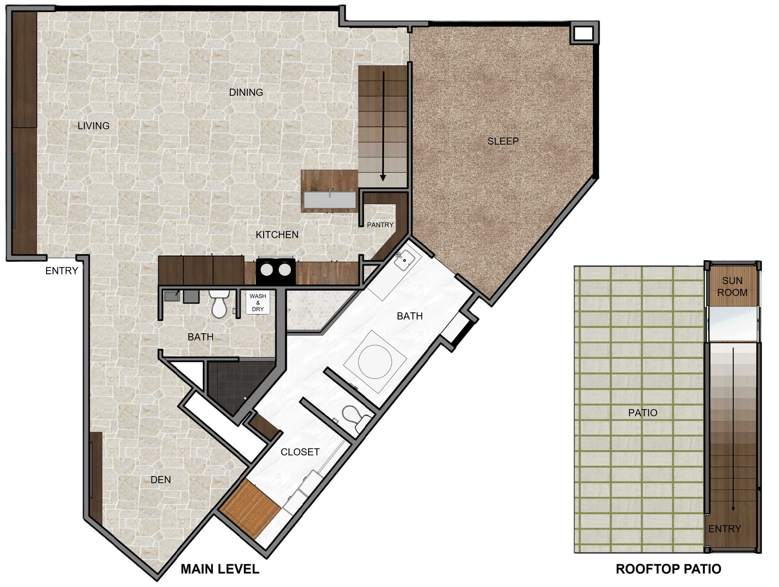 Rendered floor plans of the deluxe penthouse: living, dining, kitchen, two sleep areas, den and patio