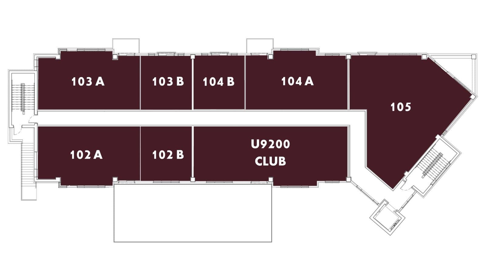 Level One floor plate: units 102A, 102B, 103A, 103B, 104A, 104B and 105, with the U9200 Club in the centre