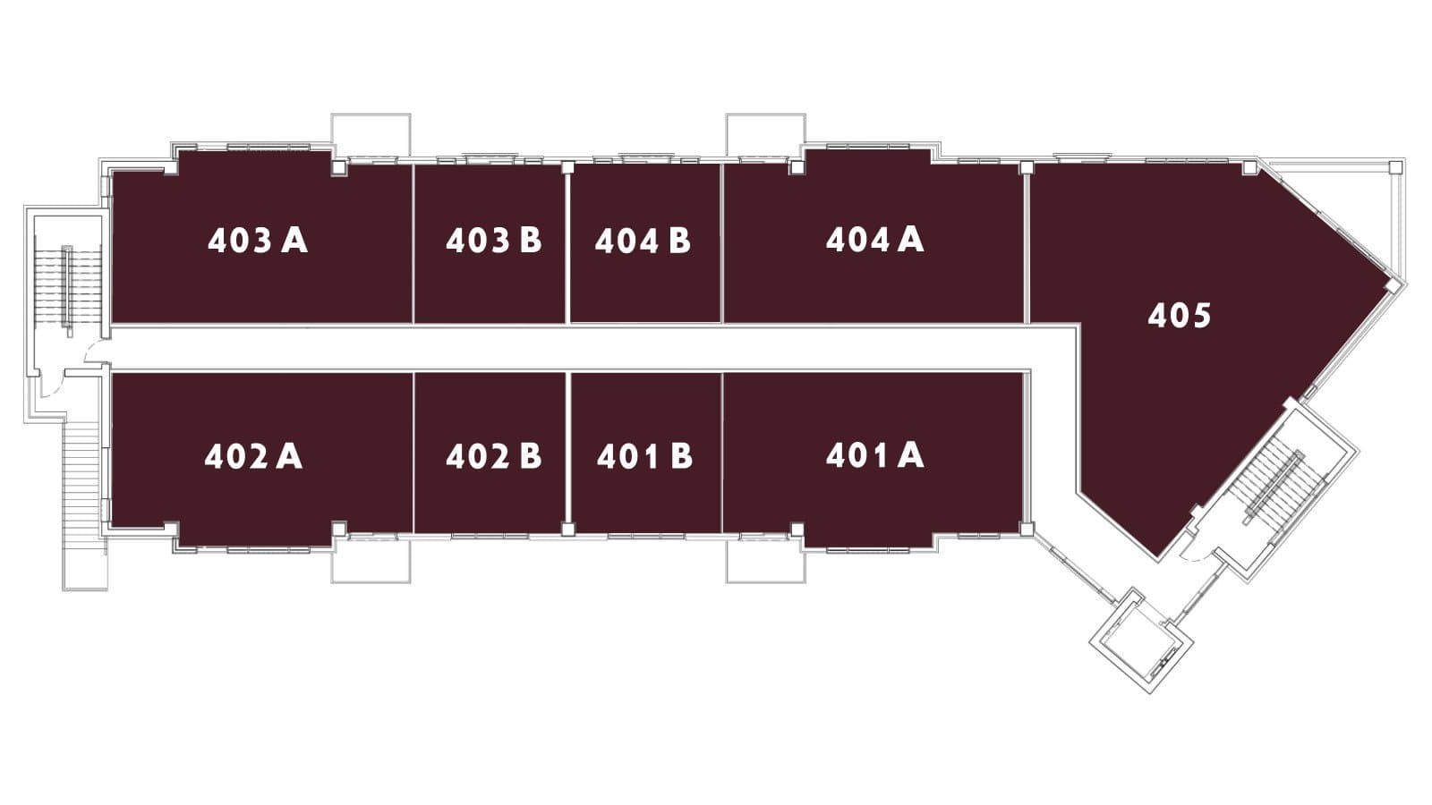 Level Four floor plate: units 401A, 401B, 402A, 402B, 403A, 403B, 404A, 404B and 405