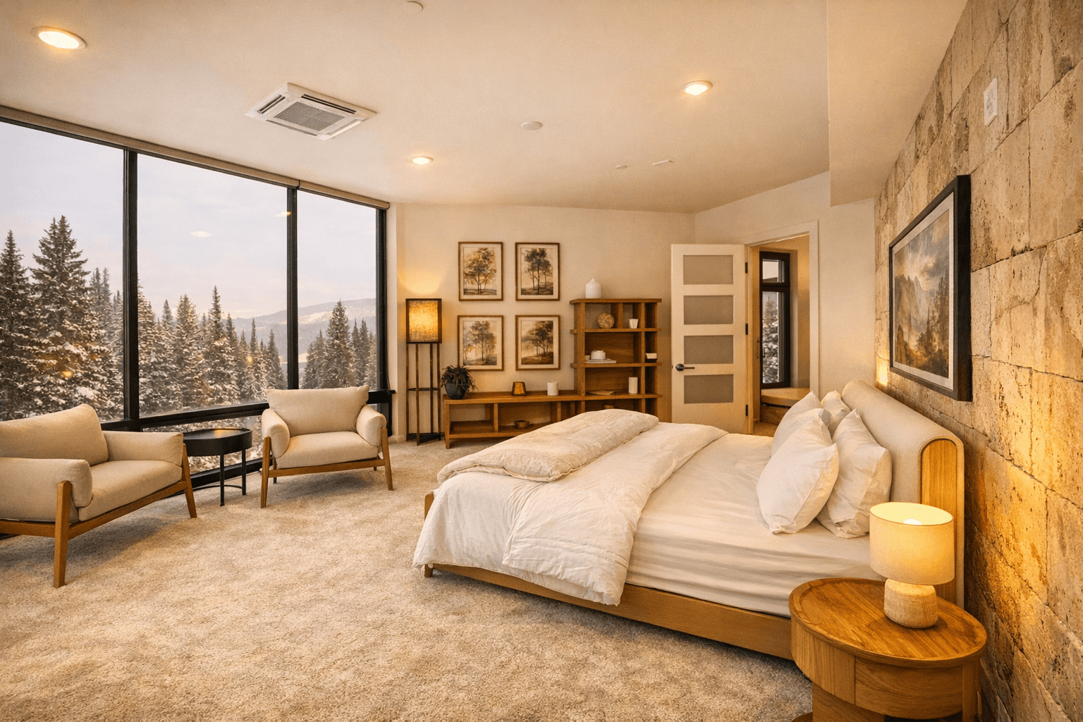 A penthouse bedroom with a made bed, armchair and tall windows onto pines
