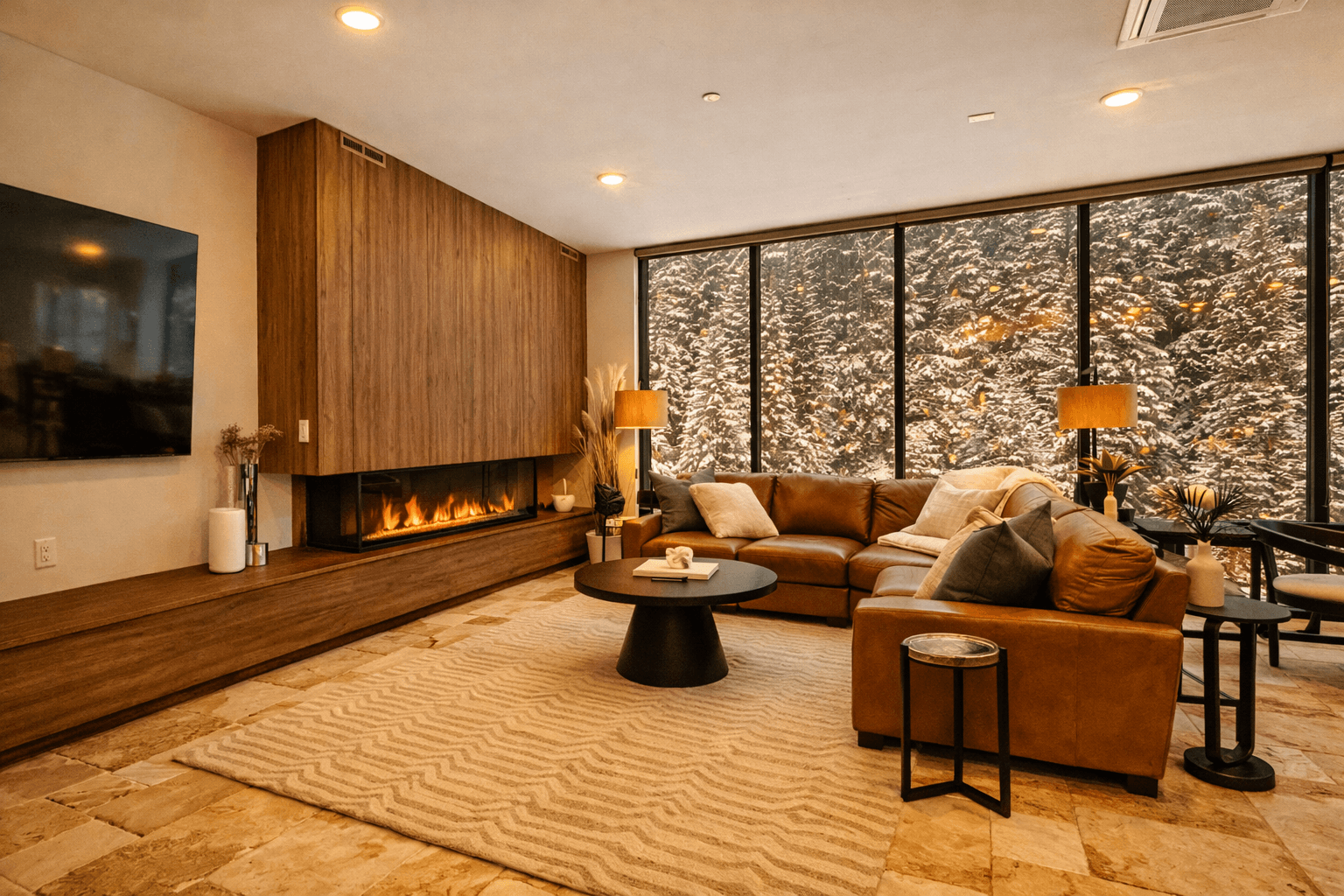 A penthouse living room with a lit fireplace, corner sofa and windows onto the forest