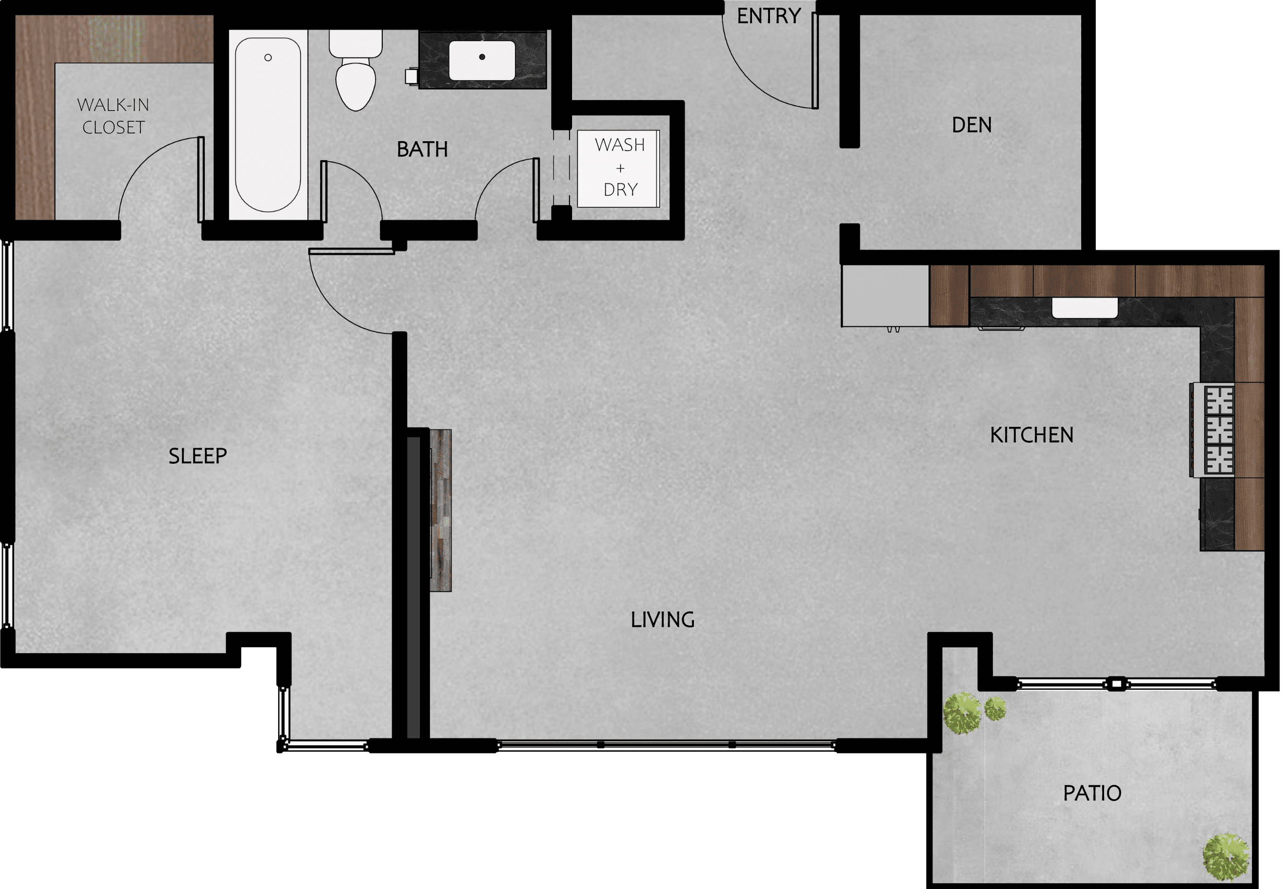Floor plan of the one bedroom and den: sleep area, bath, walk-in closet, den, kitchen, living area and patio