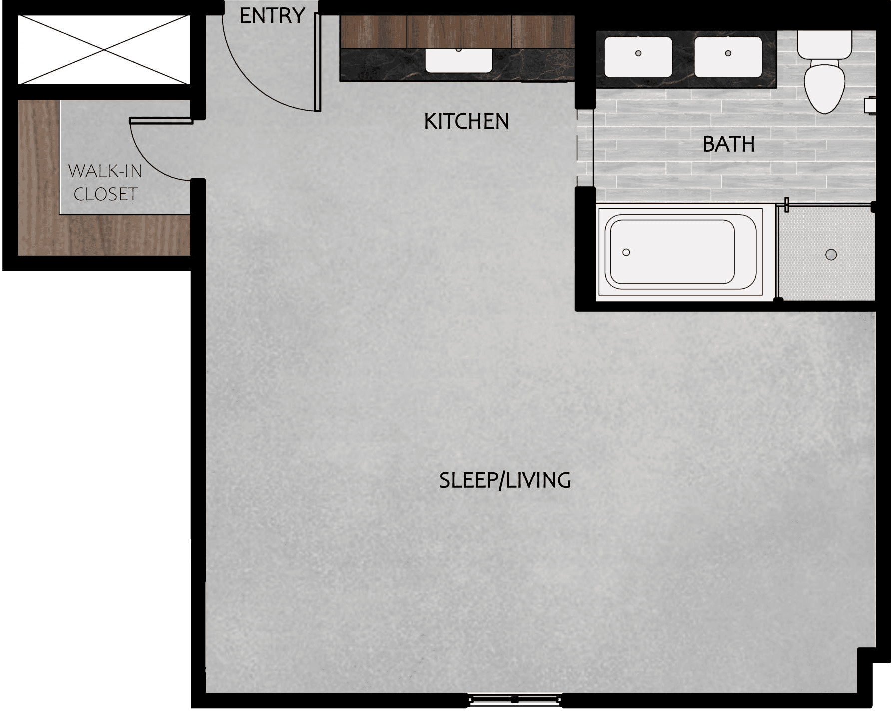 Floor plan of the studio apartment: a combined sleep and living area, kitchen, bath and walk-in closet